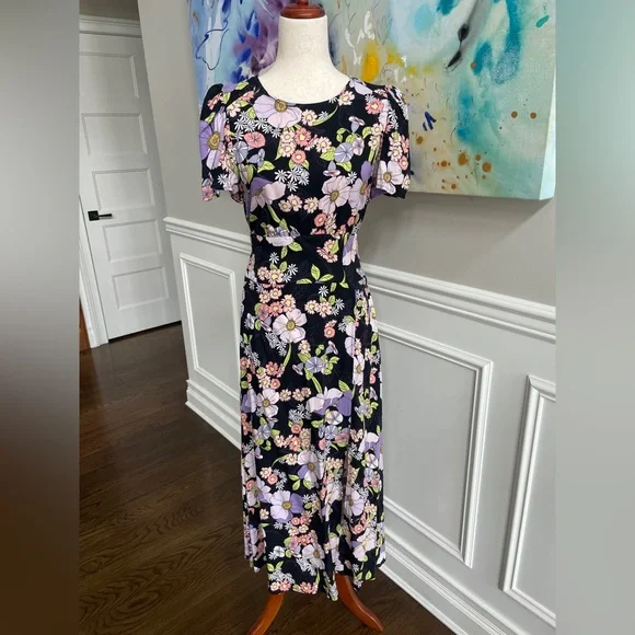 AFRM Floral Midi Dress Slit Puff Sleeves Open Back NWT - Picture 2 of 7